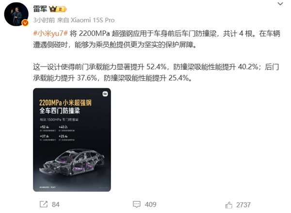 小米yu7官宣6月底发布！雷军：4门搭载4根2200mpa小米超强钢防撞梁
更耐撞