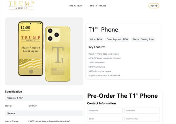 3582元！特朗普手机T1 Phone发布：土豪金色 后摄神似iPhone