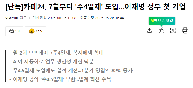 韩国电商平台Cafe24开启“四天工作制”，7月正式施行