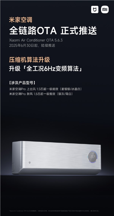 米家空调Pro系列推送OTA：压缩机升级全工况6Hz变频算法