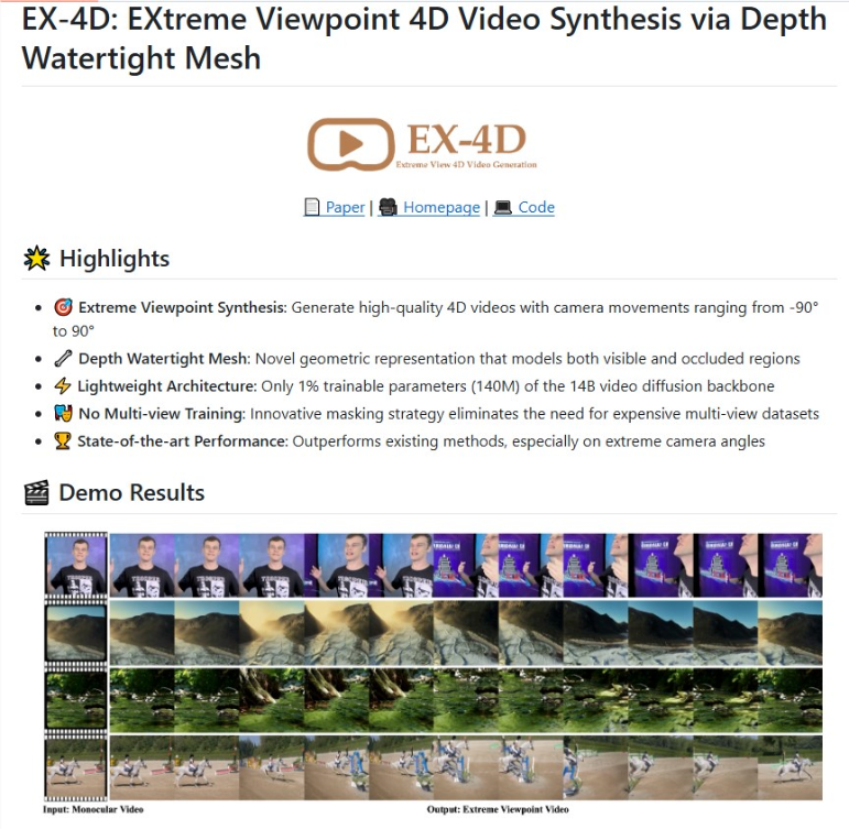 字节跳动EX-4D震撼开源：单目视频秒变自由视角4D大片  