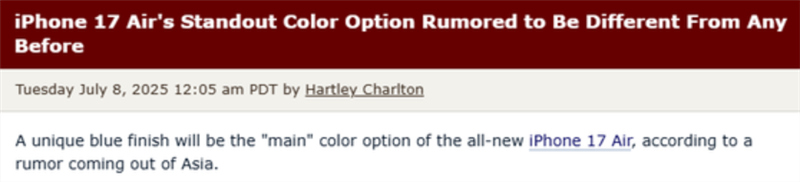接替远峰蓝!iphone 17 air新配色曝光:淡雅蓝色调或成主打