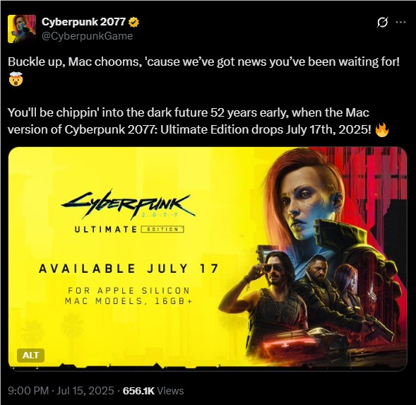 《赛博朋克2077:终极版》明日登陆苹果Mac：支持光追