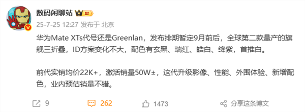 全球第二款量产三折叠 华为Mate XTs 9月发 影像、性能全面升级