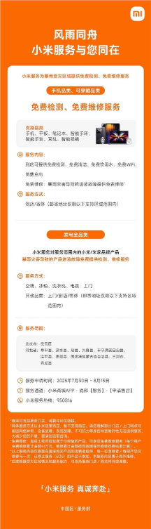 小米：为暴雨受灾区提供免费检测、免费维修服务