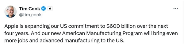 苹果宣布美国制造计划：投6000亿美元布局