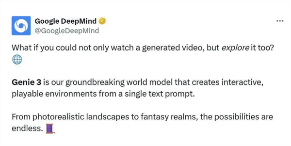 谷歌DeepMind发布Genie 3世界模型：支持实时生成交互式3D环境