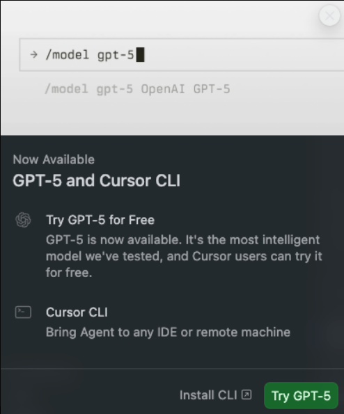 Cursor 限时免费提供 GPT-5支持，并推出全新 CLI 工具