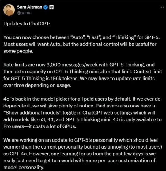 chatgpt 5更新：三种模式可选 4o重新回归