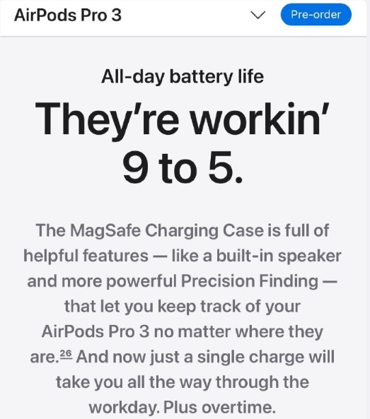 苹果调整中国区airpods pro 3文案：从“朝九晚五”变成“从早到晚”