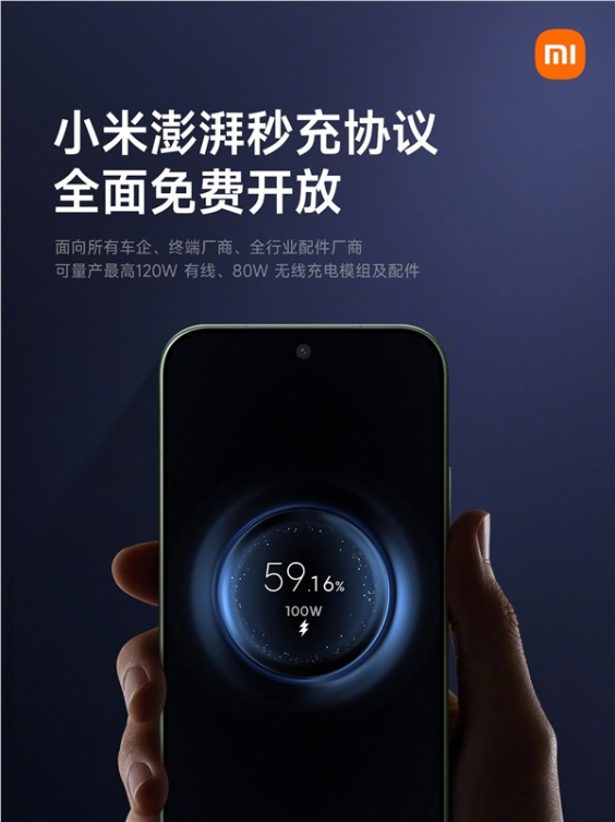 小米澎湃秒充协议全面免费开放：所有车企、配件厂商均可量产120W有线/80W无线小米开放澎湃秒充技术 推动行业快充生态发展