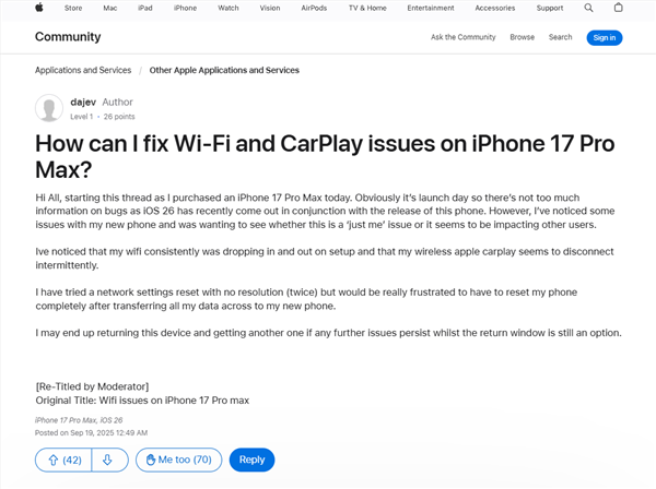 苹果iOS 26.0.1要来了：修复iPhone 17系列/Air的Wi-Fi断连、相机等问题