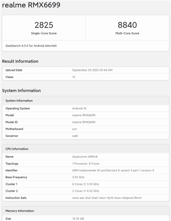挑战最强标准版！真我gt8跑分出炉：骁龙8至尊版 16gb内存