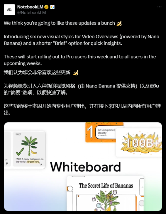 Google NotebookLM推出动漫风视频功能：Nano Banana一键生成六种艺术风格，中文支持仍需优化