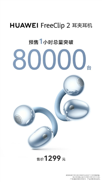 1299元 华为FreeClip 2耳夹耳机预售卖爆：1小时总量突破80000台