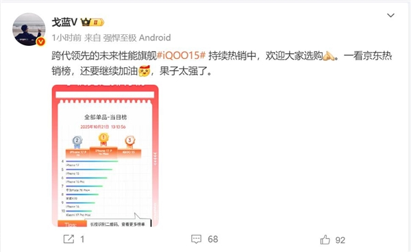 iQOO 15单品销量冲上京东安卓阵营TOP1：比iPhone 17还火爆