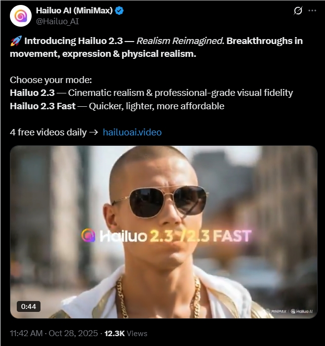 免费试玩！Hailuo 2.3发布！文字直出电影级视频 动作表情保真！
