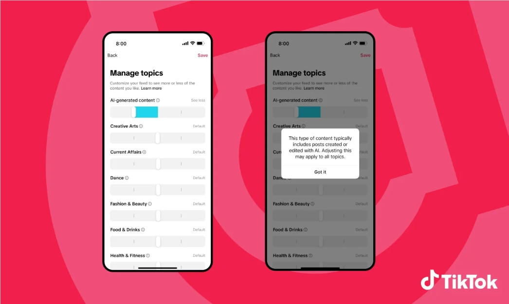 TikTok 推出新功能:用户可自主调节看到的 AI 内容推荐