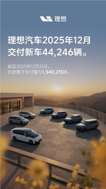 理想汽车12月交付新车44246辆 成首个150万销量的新势力品牌