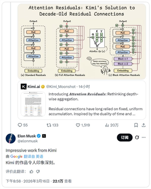 中国ai新突破!马斯克点赞kimi新架构 kimi幽默回应:你的火箭也不错