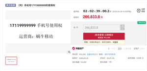 尾号9999999手机号将以26万再次拍卖 月租9元 2个月前51万起拍无人接盘