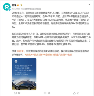蔚来全新es8 5月零售销量11472台：已连续七个月销量破万