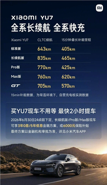 一图读懂！雷军公布小米yu7全系续航充电数据：续航最高达835km