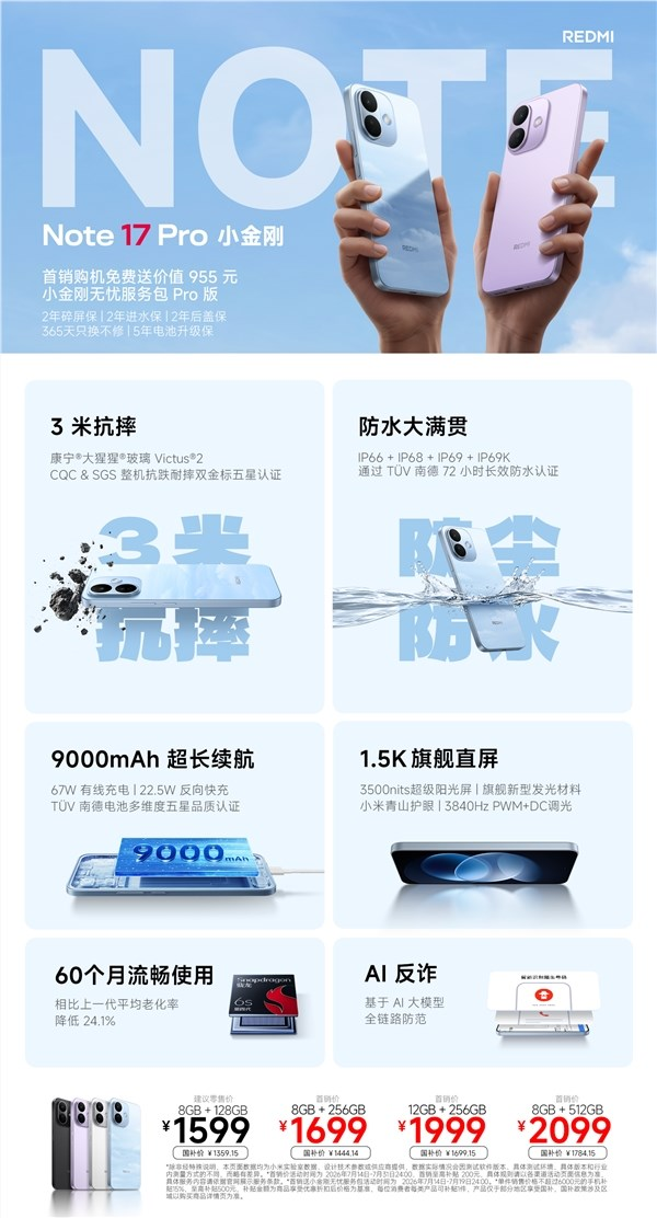 一图读懂redmi note 17 pro:国民手机5年流畅耐用 1599元起