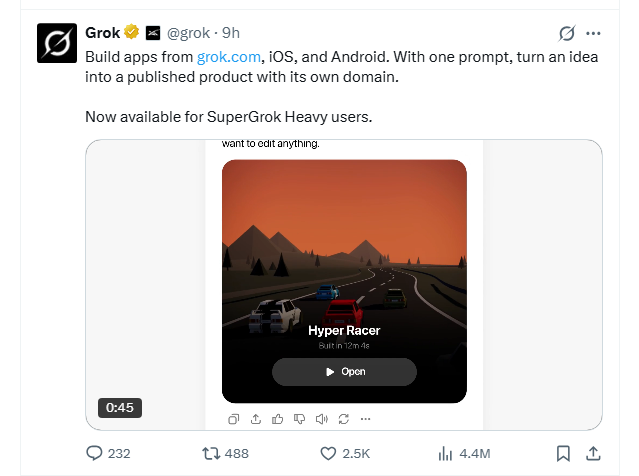 零代码生成完整应用!Grok 上线 Build 模式，面向300美元 SuperGrok Heavy 用户开放