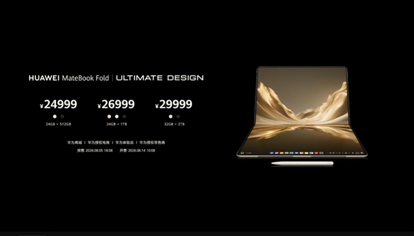 华为matebook fold非凡大师发布: 18 英寸屏 麒麟x90 plus
24999 元起