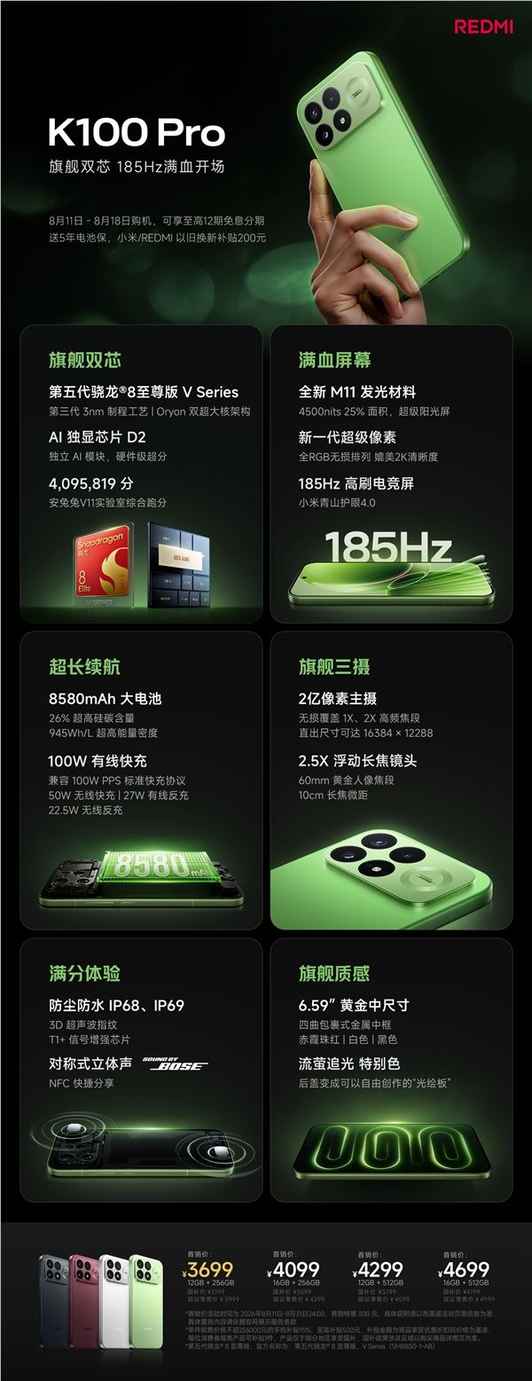 4K档全能旗舰！REDMI K100 Pro一图看懂：国补价只要3199元起