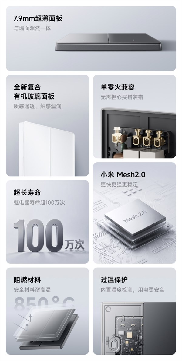 众筹69元起！小米智能开关2发布：有机玻璃面板 单零火兼容