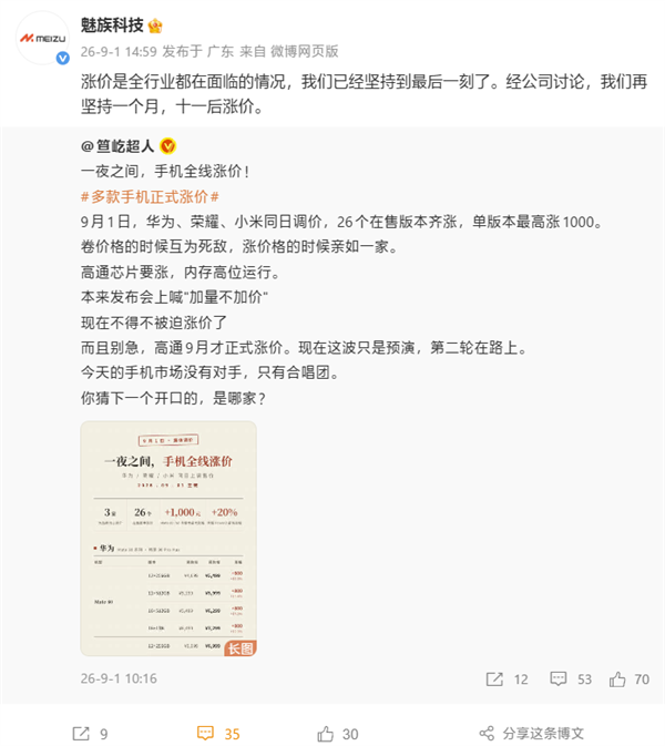 华为、小米、荣耀手机今日集体涨价！魅族宣布再坚持一个月：十一后涨价