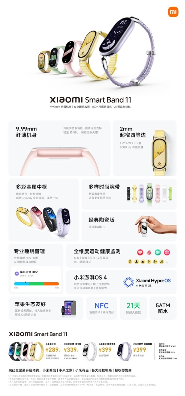 289元起！小米手环11开启预约：首发澎湃OS 4、对苹果生态用户友好