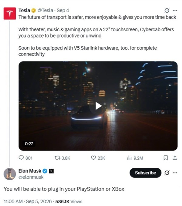 能在车里打游戏！马斯克透露：特斯拉Cybercab未来可连接PS和Xbox