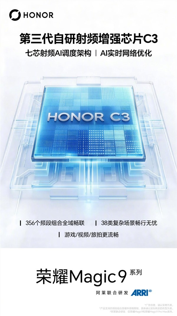荣耀Magic9系列搭载第三代自研射频增强芯片C3：AI实时网络优化