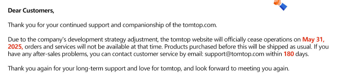 外贸商城tomtop.com宣布将于 2025 年 5 月 31 日停运